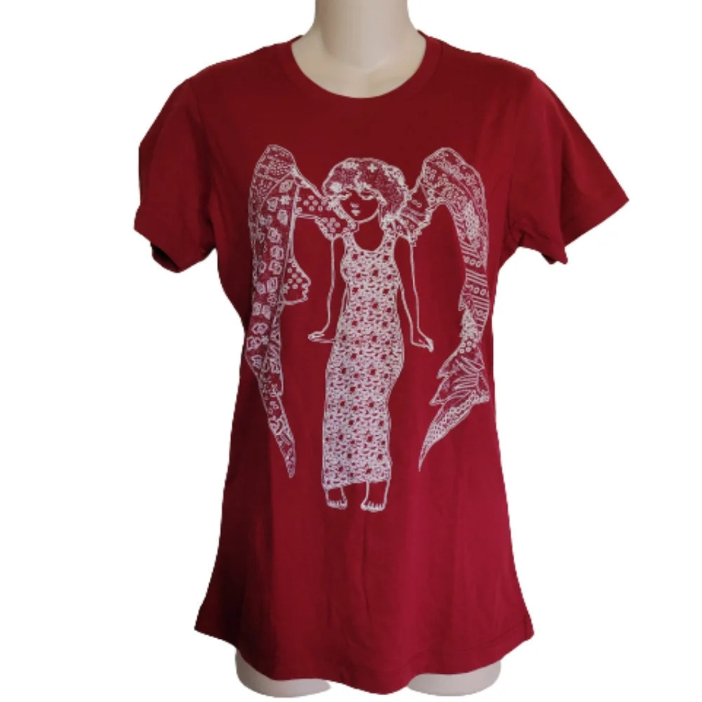 MKME Design Maroon Red Angel Short Sleeve Cotton T-shirt Size Women's Medium NEW